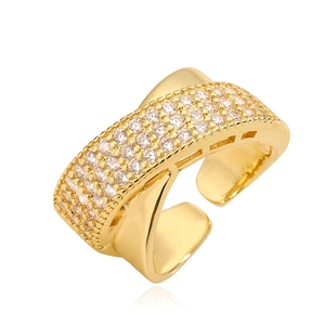 Elegant two-tone gold plated open ring with multi-row sparkling zircon stones on white background