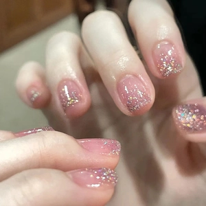Press On Nails Ombre Pink Gradient Silver Glitter Short Square Round False Nails For Women Manicure Decor