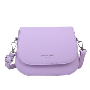 Lavender purple saddle bag in matte leather with silver fashion trend logo and strap