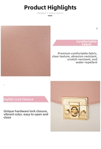 Close-up of pink leather texture and decorative golden metal lock on the square handbag