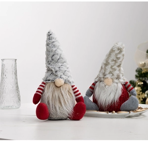 Detail view of two Christmas plush gnomes featuring gray and cream knit hats and faux fur beards