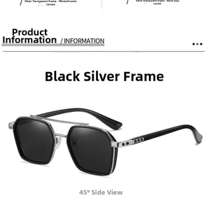 Close-up of pilot style sunglasses with silver black frame and dark grey lenses at a 45-degree angle