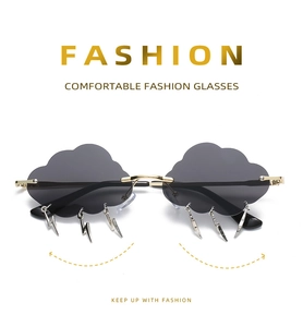 Macro detail of cloud shaped rimless lenses with silver lightning bolt pendants on sunglasses