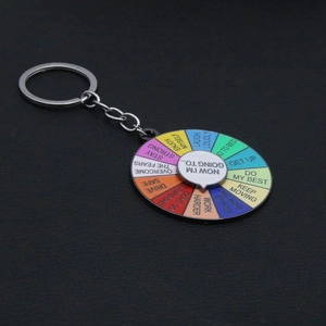 Macro shot of colorful enamel decision spinning keychain with multiple English phrases