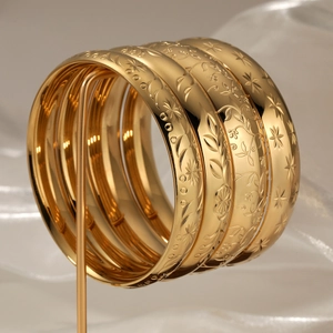 Stainless Steel Bangle Women Vintage Engraved Flower Leaf Star Pattern PVD Gold Plated Wide Cuff Bracelet Non Fading Retro