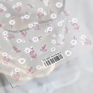 Minimalist nail art stickers with white flowers and purple leaves, model TS-607