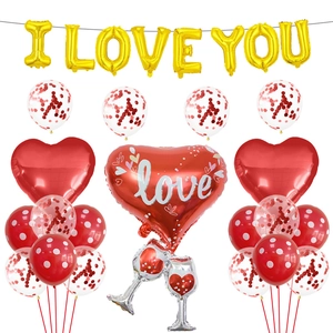 Kit de ballons I LOVE YOU avec cœurs rouges et ballons en aluminium de verre de vin