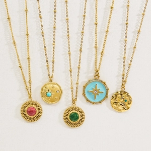 Luxurious gold plated beaded necklaces with colorful natural stone pendants and sunburst charms