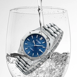 Classic silver steel business watch for men with blue dial showing waterproof feature