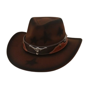 Western Cowboy Hat Retro Suede Felt Wide Brim Star Pattern Bull Head Metal Buckle Leather Band Vintage Folk Style