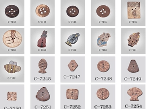 Grid layout showing various carved coconut wood buttons in animal and leaf shapes