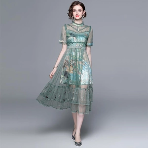 Greenish-grey mesh maxi dress with floral embroidery and polka dot beadwork