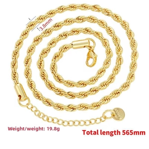 Macro view of 3.8mm gold-plated stainless steel rope chain with lobster clasp and tag
