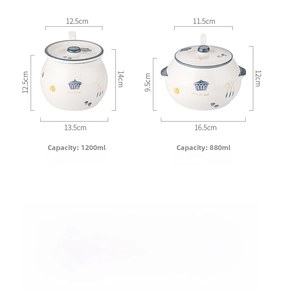 Detailed dimensions of ceramic lard storage jars with lids and spoons for kitchen use
