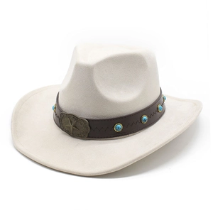 Ethno-Western-Cowboyhut aus cremefarbenem Wildleder mit Türkis und Sternschnalle