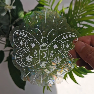 Detailed macro of static rainbow suncatcher sticker with laser butterfly pattern design