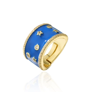 Golden open ring with blue enamel and star zircon pavé detail on a white background