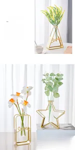 Macro detail of Nordic gold geometric metal frames and clear glass test tube vases