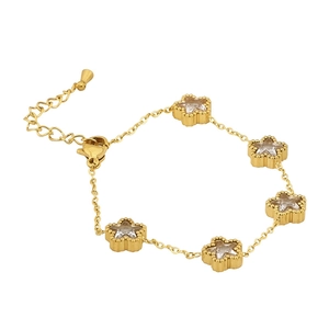 Gold 18K plated stainless steel bracelet with five pointed star pendants and clear zircons