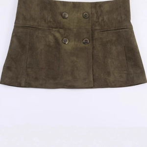 Women's army green faux suede double-breasted jacket with pockets flat lay view