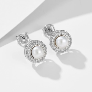 Elegant S925 sterling silver stud earrings with round freshwater pearls and zircon stones