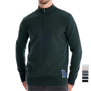 Slim fit men's dark green half-zip cotton knit sweater with stand collar and color options