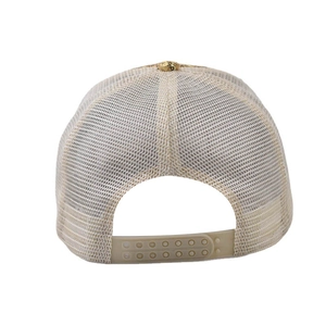 Detailed back view of beige sequin mesh cap with adjustable plastic snap closure