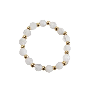 Minimalist elastic ring with white faceted natural stone beads and gold metal spacers