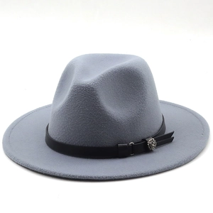 Classic grey wool fedora hat with black leather band and silver floral metal buckle detail