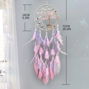 Pink crystal tree of life dream catcher wall hanging with feathers 6.3x28.3 inches