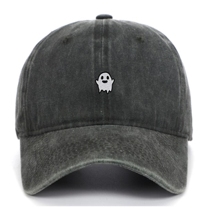 Close-up of white ghost embroidery on dark grey washed cotton baseball cap texture