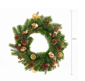 Detail of 40cm Christmas wreath with pine cones, cinnamon sticks, and golden bells