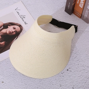 Detailaufnahme der beigen Stroh-Sonnenblende mit verstellbarem schwarzen Gummiband