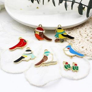 Christmas enamel bird charms in alloy for DIY jewelry, festive pendants on lace