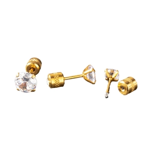 Golden stainless steel stud earrings with zircon crystals and secure screw back closures