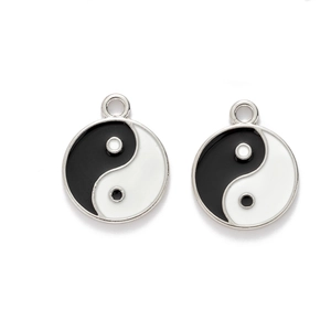 Yin Yang Tai Chi charms with silver metal frames and black white enamel for DIY jewelry