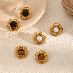 Boucles D'oreilles Puces Tournesol En Acier Inoxydable Vintage Bohème Œil De Tigre Künstliche Perle Bijoux Pour Femmes