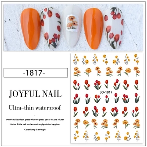 Detail of red tulip nail art stickers with ultra-thin waterproof floral designs