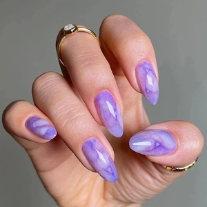 Purple Marble Smudge Press On Nails Almond Shape Glossy ABS Plastic Artificial Fingernails For Women