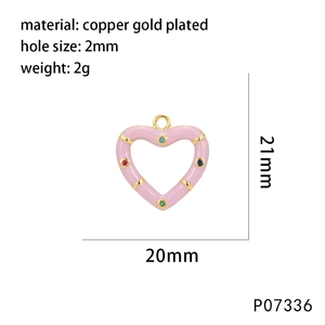 Detailed view of pink enamel heart pendant with colorful micro-inlaid stones and dimensions