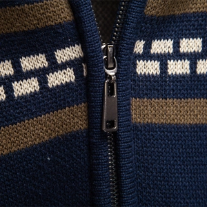 Men's zip-up knit cardigan with navy blue, brown, and white stripes in thick knit fabric