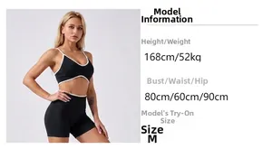 Detailansicht des gerippten Strick-Sportsets mit Größentabelle für weibliche Models