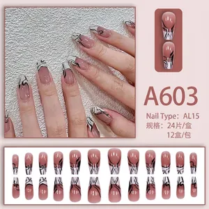 Rosa Coffin-Kunstnägel Set A603 mit schwarz-weißem Zebra-Wirbeldesign an den Spitzen