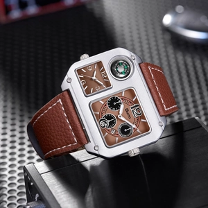 Orologio al quarzo a doppio fuso orario con grande cassa argento e cinturino in pelle
