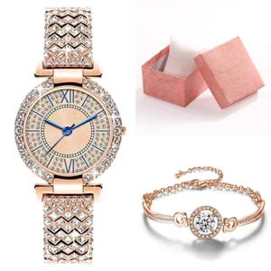 Montre Bracelet Pour Femme Avec Strass Et Gourmette Élégante Mode Alliage Quartz Chiffres Romains