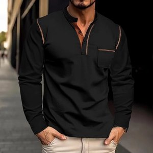 Chemise Henley À Manches Longues Pour Hommes Respirant Bordure Contrastée Polo Avec Poche Poitrine Coupe Ajustée Classique