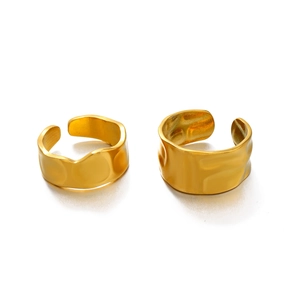 Minimalist gold plated stainless steel irregular wavy wide band adjustable ring set for women