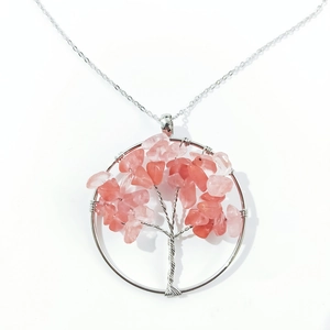 Handmade tree of life necklace with natural pink and orange crystal stone chips pendant