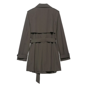 Back view of a taupe double-breasted trench coat with rain guard and detachable belt