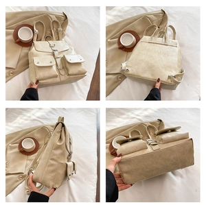 Detail view of beige retro backpack showing front, back, side and base from multiple angles